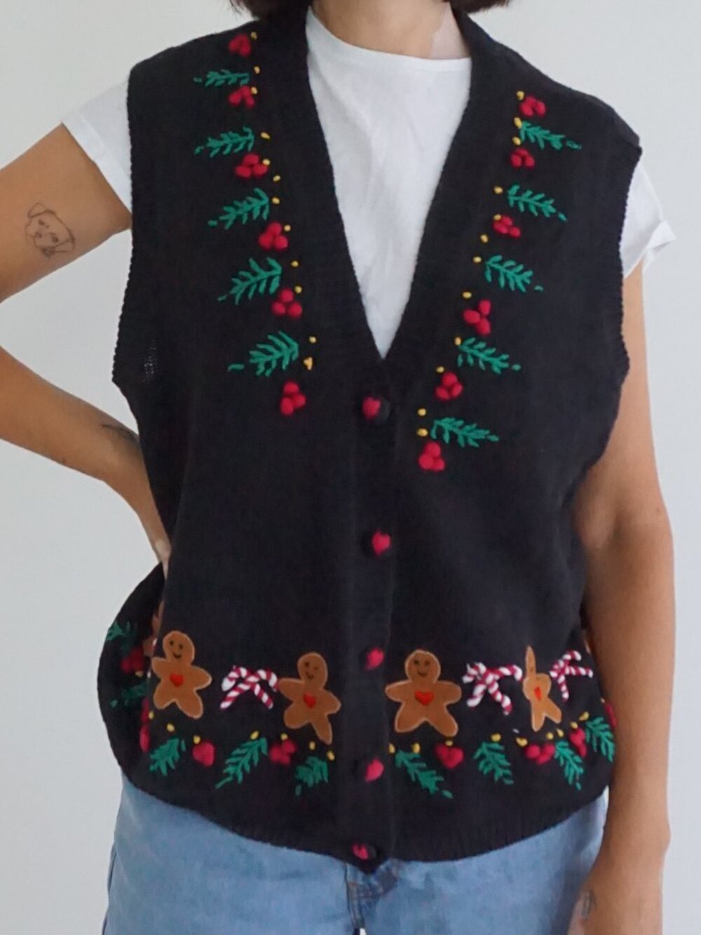 Vintage Bryn Connelly Black Gingerbread Candy Cane Holly Ugly Christmas Vest 1X